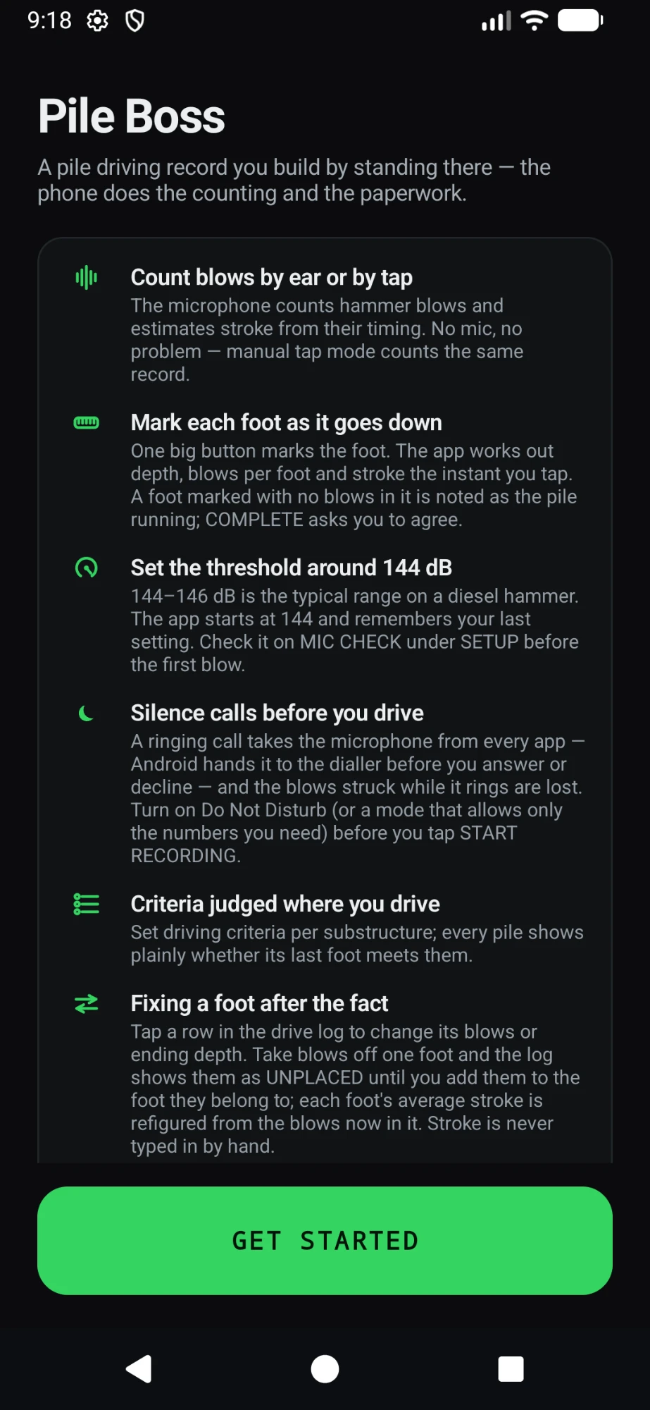 The Pile Boss welcome screen, listing what the app does.