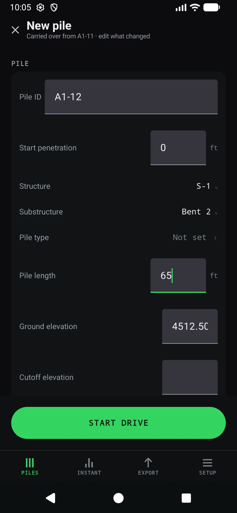 The new pile form: pile ID, start penetration, structure, substructure, length and elevations.