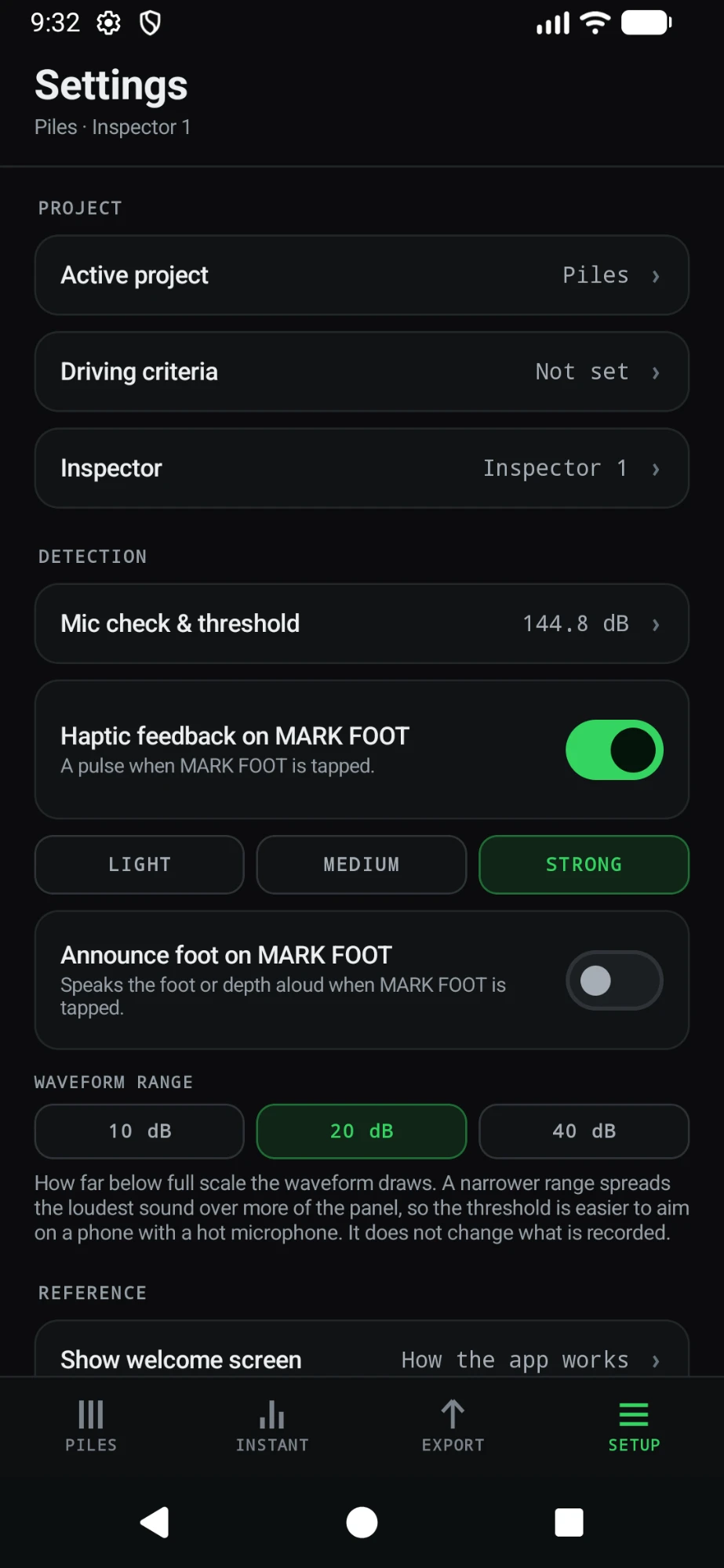 Settings: project, drive criteria, inspector, mic check and threshold, haptics and waveform range.